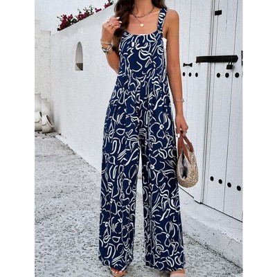 Coolmee Women Casual Floral Square Neck Sleeveless Straps Wide Leg Overalls Baggy Resort Jumpsuit With Pockets