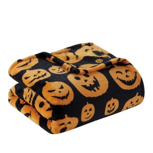 Kate Aurora Autumn Living Halloween Jack-O'-Lantern Pumpkins Orange & Black Ultra Plush Throw Blanket - 1 of 4