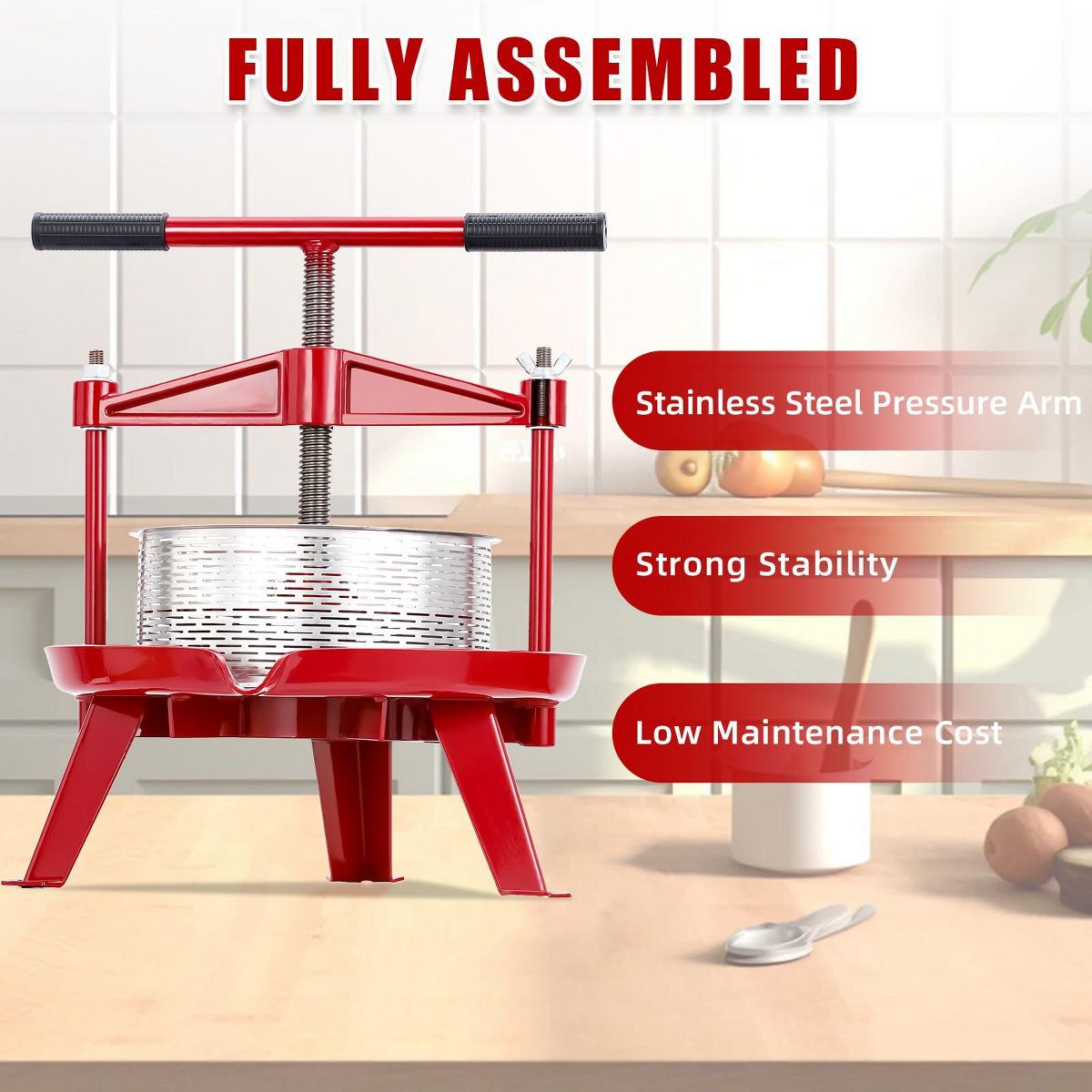 Stainless Steel Fruit Press, Manual T Handle 2.38 Gal Capacity, Triangle Structure Fruit Wine Press for Kitchen Outdoor Use - thumbnail 3