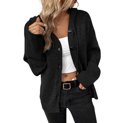 Women's Casual Hooded Cardigan Sweaters V Neck Button Down Long Sleeve Kint Cardigans Coat