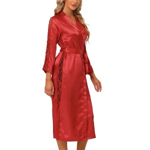 cheibear Women's Satin Solid Robe Lace Trim Long Sleeve Bridesmaid Gown Bathrobe - 1 of 4