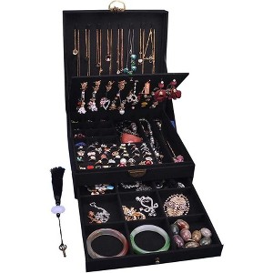 3-Layer Green Jewelry Box with Lock, Large Organizer Storage Case for Earrings, Necklaces, Rings, Bracelets - 1 of 4