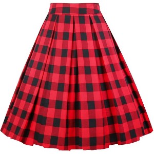 Women's Vintage Floral Midi Skirt - Pleated A-Line Skirt with Pockets Red-plaid - 1 of 4