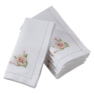 Saro Lifestyle Embr'd Pink Orchid Hemstitch Napkin, 20" Square, White (Set of 6)