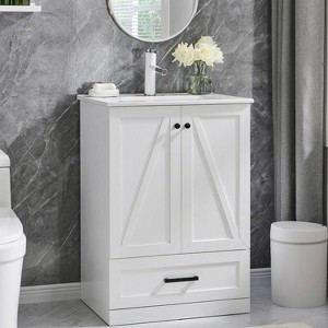 Sincido Farmhouse Modern 24" Bathroom Vanity Floor Standing Cabinet w/ Ceramic Sink,Barn Door,Large Storage Drawer and Metal Handle - 1 of 4