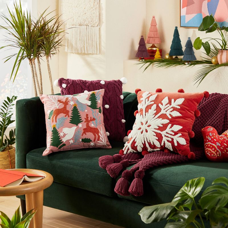 Cable Knit Square Throw Pillow with Pom Poms Burgundy - Opalhouse&#8482; designed with Jungalow&#8482;, 2 of 7