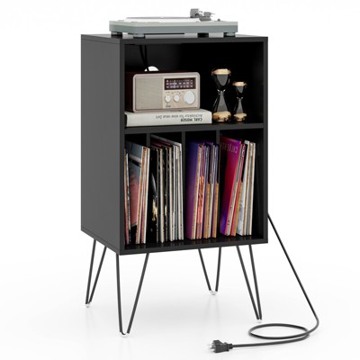 Tangkula Home Record Player Stand w/ Storage 3-Tier Vinyl Record Storage Cabinet Turntable Stand w/ Charging Station Open Shelf & 4 Dividers Rustic Brown/Black/Walnut
