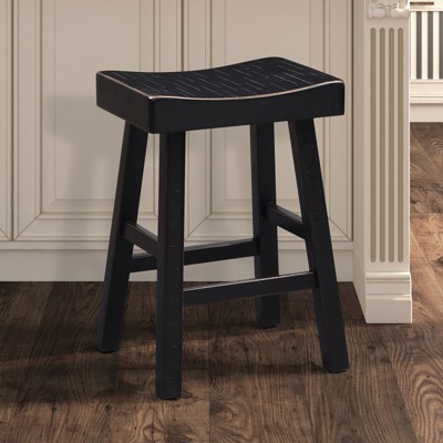 Traditional Solid Wooden Stool Set of 2pc, Contour Seat Black 24"H