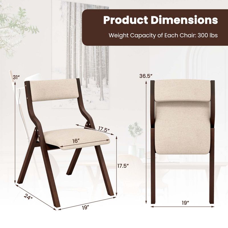 Costway Folding Dining Chair Set of 2 Wooden Upholstered Modern Linen Fabric Padded Seat, 3 of 9