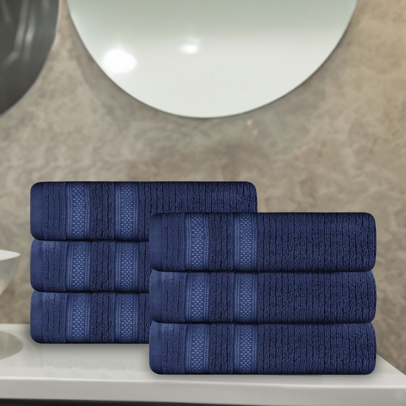 Zero Twist Cotton Ribbed Modern Geometric Border Hand Towel Set of 6 by Blue Nile Mills, 2 of 9