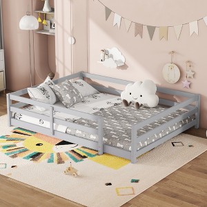 CAVINAS Full Size Wood Montessori Bed,Modern Floor Bed with Fence,Toddler Bed for Bedroom - 1 of 4