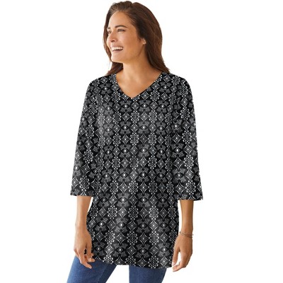 Woman Within Plus Size Perfect Printed Three-Quarter-Sleeve V-Neck Tunic