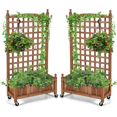 Costway 2PC 50in Wood Planter Box  w/Trellis Mobile Raised Bed for Climbing Plant