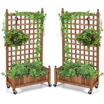 Tangkula 2PC 50in Wood Planter Box with Trellis and Wheels Mobile Plant Raised Bed for Indoor&Outdoor