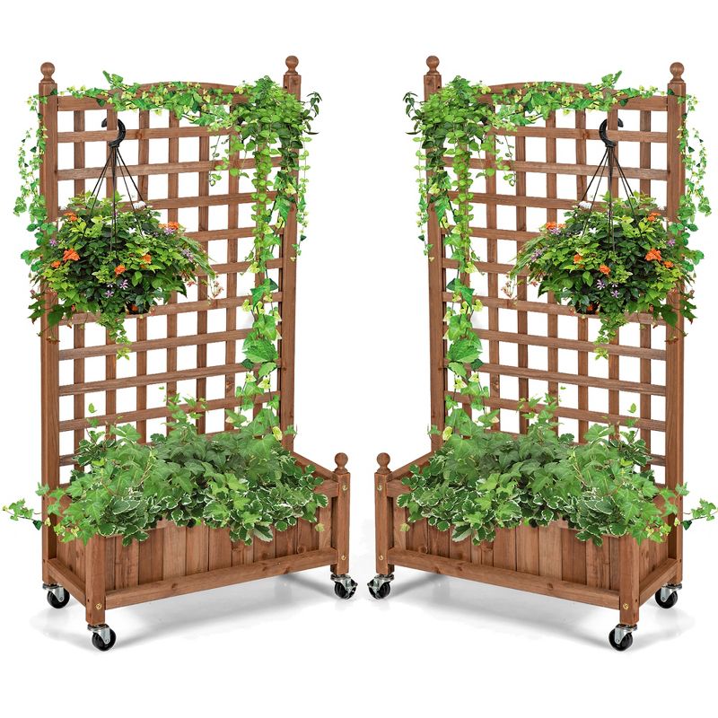Costway 2PC 50in Wood Planter Box  w/Trellis Mobile Raised Bed for Climbing Plant, 1 of 11