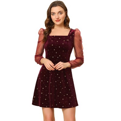 Allegra K Women's Mesh Sheer Puff Long Sleeve Square Neck Glitter Star Mini  Velvet Dress Red Large