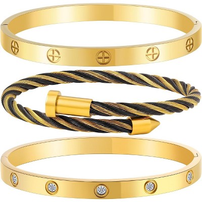 Gold Stackable Bracelets for Women - 3 Piece Stainless Steel Bangles with Love & Friendship Theme, Crystal Accents