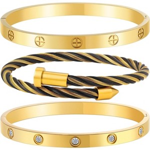 Gold Stackable Bracelets for Women - 3 Piece Stainless Steel Bangles with Love & Friendship Theme, Crystal Accents - 1 of 4