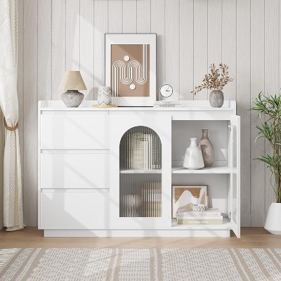 Garvee Sideboard Buffet Cabinet with Glass Doors 48 Inch Large White Storage Cabinet with LED Lighting, White