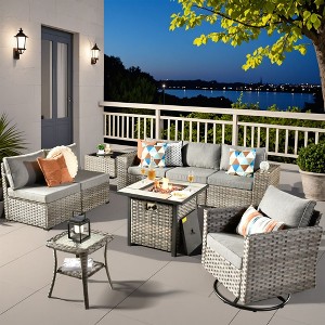 XIZZI 9-Piece Wicker Outdoor Patio Fire Pit Sectional Sofa Set with Cushions, All Weather Conversation Couch Set and Swivel Rocking Chairs - 1 of 4