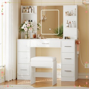 Vanity Desk with Lights, Large Makeup Vanity with Mirror and Chair, Power Outlet - 1 of 4