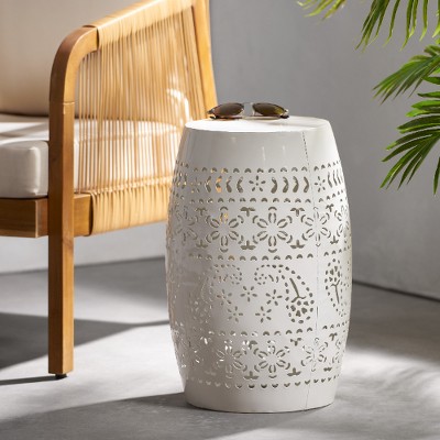 White Barrel-Shaped Metal Outdoor End Table with Lace-Cut Design, Accent Table for Patio or Indoors, Patio End Tables -Christopher Knight Home
