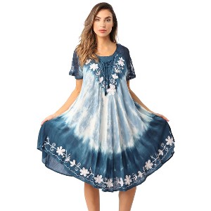 Riviera Sun Tie Dye Summer Dress with Raglan Eyelet Sleeve & Embroidery - 1 of 3