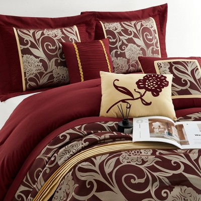 Burgundy and Gold King Microfiber Floral Comforter Set