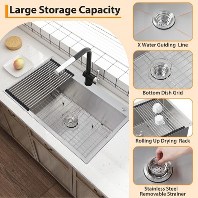 Kitchen Sink 25 x 22 Inch, Top Mount Drop-In Sinks, 304 Stainless Steel Single Bowl Basin, 16 Gauge Workstation Sink with Strainer & Bottom Grid