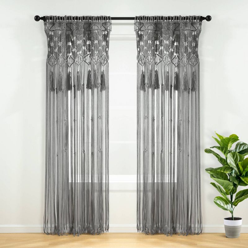1pc 40&#34;x84&#34; Light Filtering Boho Macrame Tassel Curtain Panel Gray - Lush D&#233;cor, 1 of 9