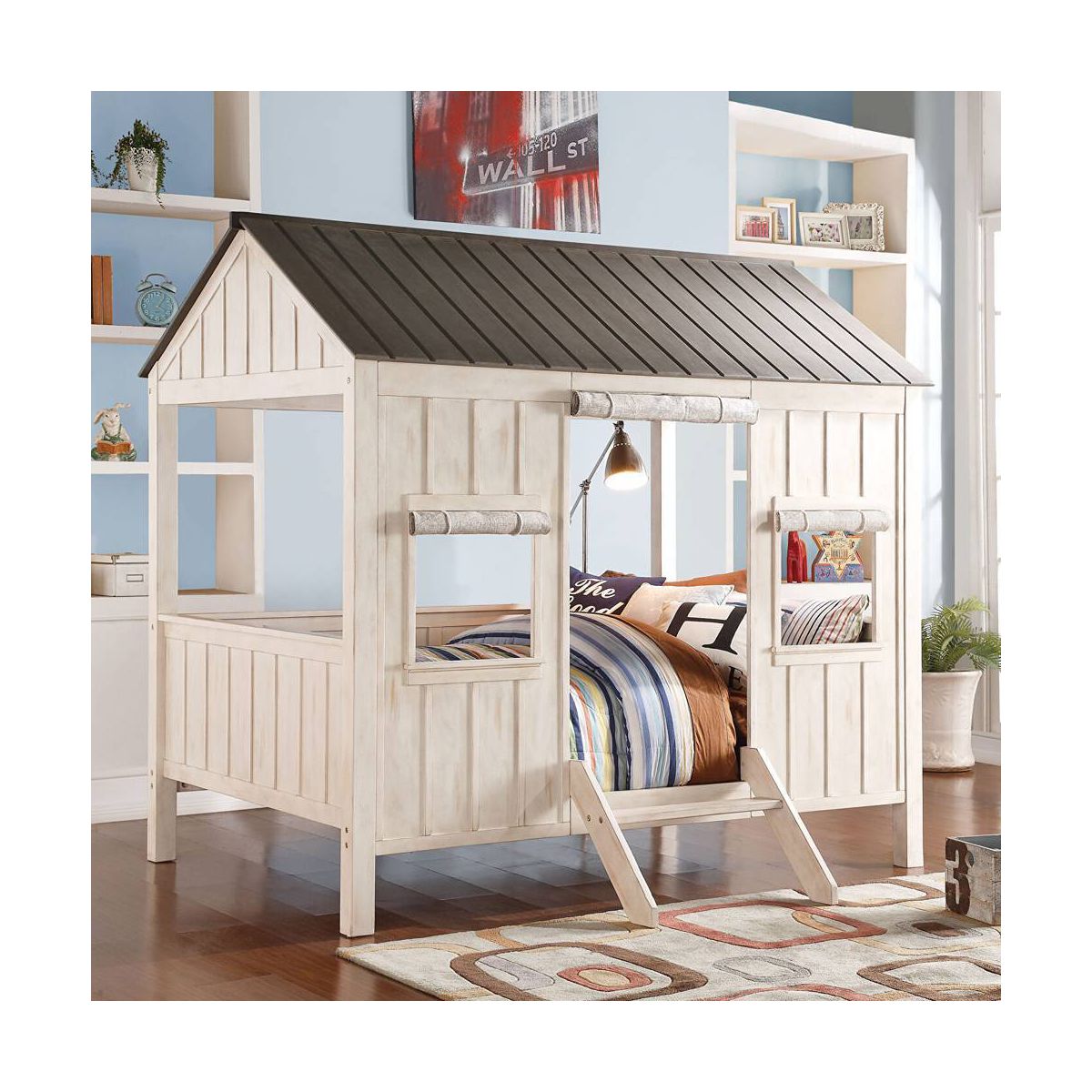 84" Full Bed Spring Cottage Bed Weathered White Washed Gray - Acme Furniture: Canvas Upholstery, Chrome Frame, Adjustable Size - thumbnail 6