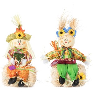 Gardenised 13 Inch Boy and Girl Duo Scarecrow Elegantly Seated on a Rustic Hay Bales - Enjoy the Magic they Bring and Let your Garden Blossom - 1 of 4