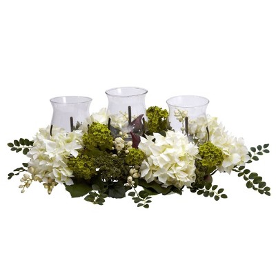 Nearly Natural Snowball Hydrangea Triple Candle Holder
