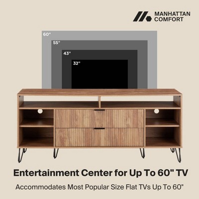 Golden Brown Mid-Century Modern TV Stand with Cabinet and Shelves
