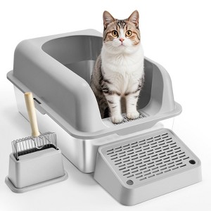 Munora 6" Deep Stainless Steel Cat Litter Box with Filtering Foot Board, Odor-Free High Wall Design for Large Cats - 1 of 4