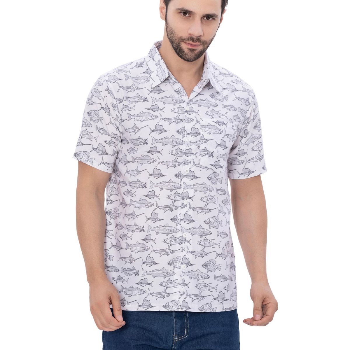 HAPPY BAY Mens Short Sleeve Button Down Casual Beach Shirt XXL Saltwater Fish White