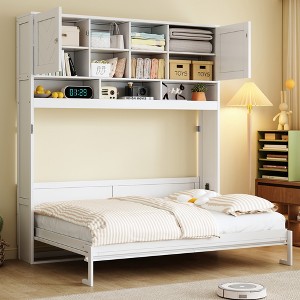 Queen Size Murphy Bed Foldable Bed Space-saving Wall Bed with Storage Shelves, White - ModernLuxe - 1 of 4