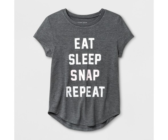 Grayson Social Girls' 'Eat Sleep Snap Repeat' Graphic Short Sleeve T-Shirt - Charcoal Gray XS