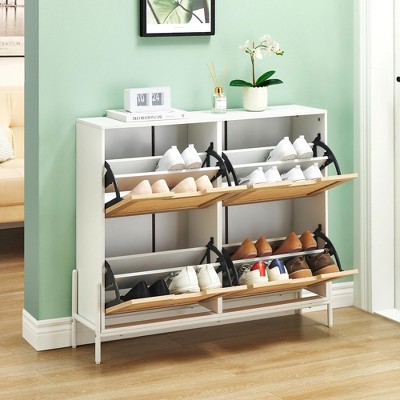 Whizmax Natural Rattan 4 Flip Door Shoe Cabinet Organizer Freestanding, Shoe Rack Storage Cabinet for Entryway with 3-Tier Adjustable Shelves