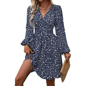 Coolmee Womens Wrap Midi Dress V-Neck Puff Long Sleeve High Waist Elegant Pleated Ruched Work Outfits Dresses S Navy - 1 of 4