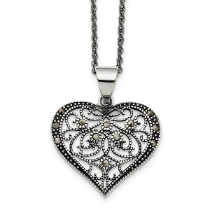 Black Bow Jewelry Marcasite Scroll Heart Necklace in Antiqued Stainless Steel, 20 Inch - 1 of 4