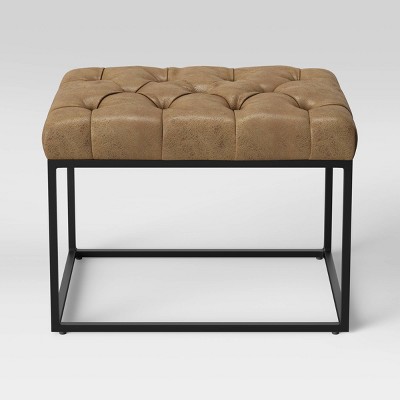 Trubeck Tufted Metal Base Ottoman Faux Leather Brown - Threshold&#8482;