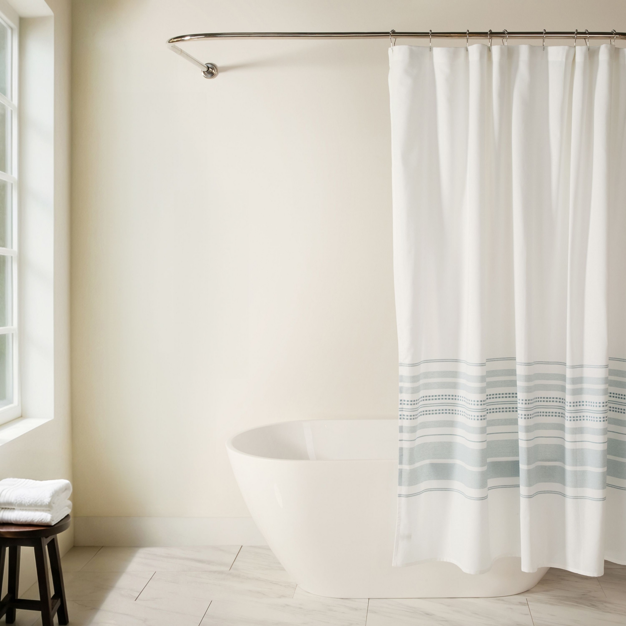 Yarn-Dyed Cotton Blend Shower Curtain – 72x72 Striped & Classic Print Fabric, Modern Farmhouse Hotel Style- Becky Cameron, Placement Stripe Light Blue