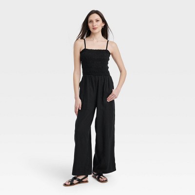 Women's Smocked Linen Maxi Jumpsuit - Universal Thread™ Black L