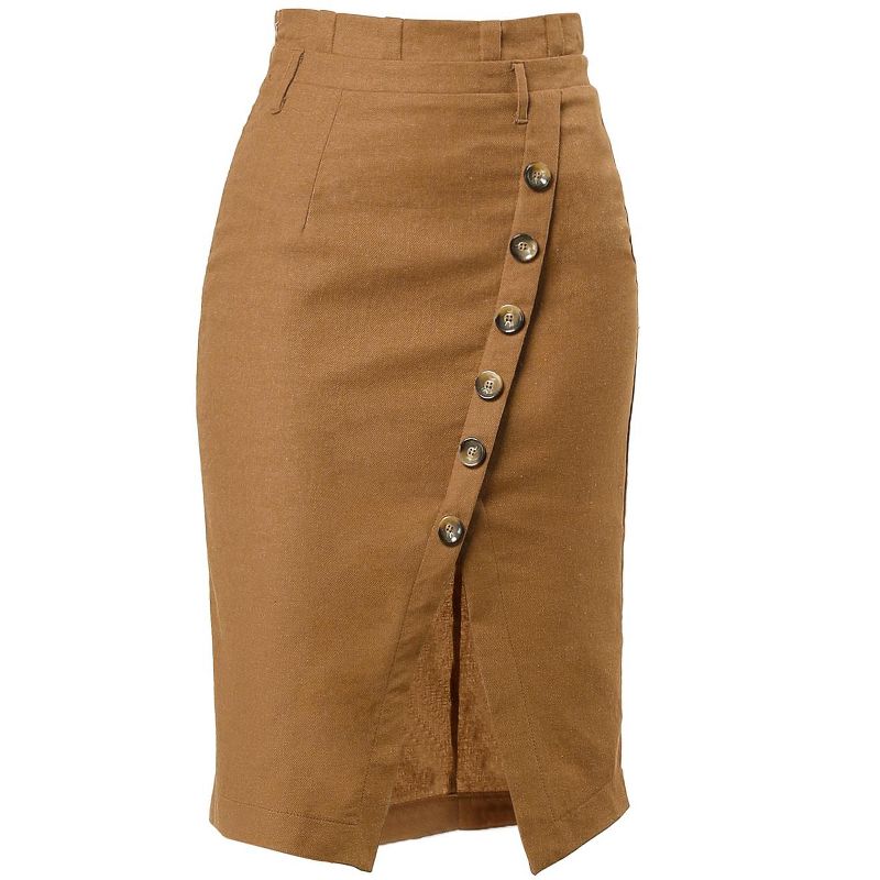 Allegra K Women's Vintage Button Decor Belted Split Front Knee Length Pencil Skirt, 1 of 8