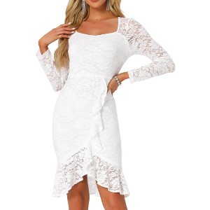 INSPIRE CHIC Women's Square Neck Lace Long Sleeve Elegant Cocktail Split Mermaid Dress - 1 of 4