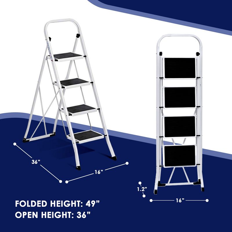 Delxo Alloy Steel Non-Slip Folding 4 Step Stool Portable Ladder with Hand Grip and Secure Locking Mechanism for Indoor or Outdoor Use, White, 3 of 8