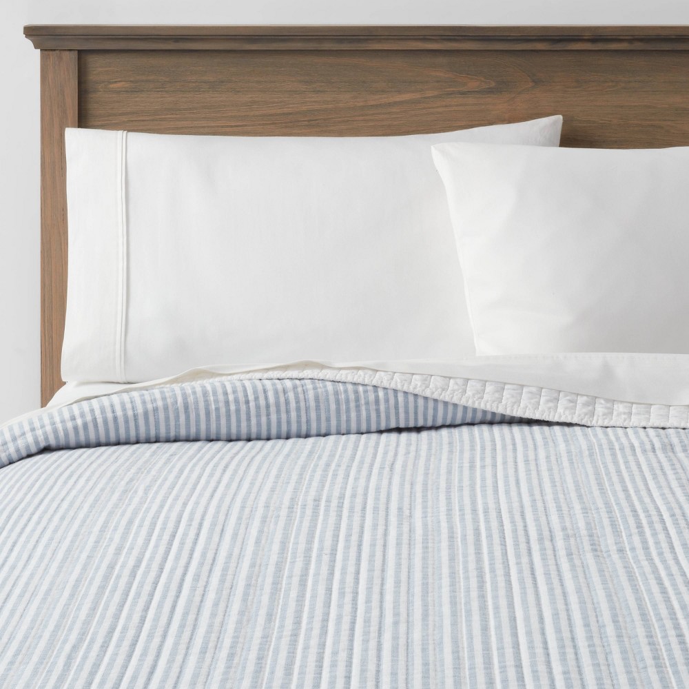 Full/Queen Reversible Cotton Stripe Quilt Light Blue - Threshold™: Midweight Coverlet, Machine Washable, OEKO-TEX Certified