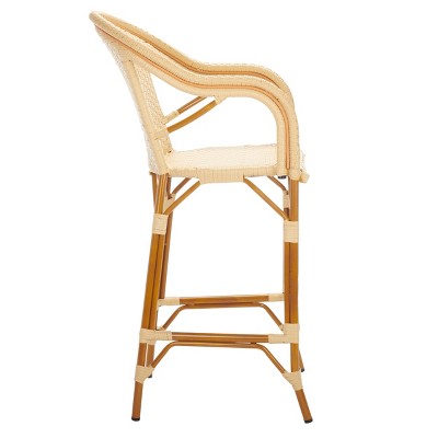 Natural Woven Faux Wicker and Aluminum Bar Stool with Arms