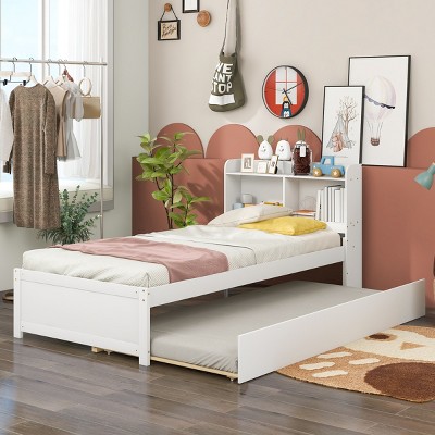 Trundle Bed with Built-in Bookcase Headboard,Wooden Platform Bed with Storage Shelves for Kids Teens,Guest Room-Baofuwish